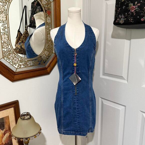 NWT Baby Phat Blue Denim & Gold Hardware Halter Neck Backless Mini Dress M - Picture 1 of 8
